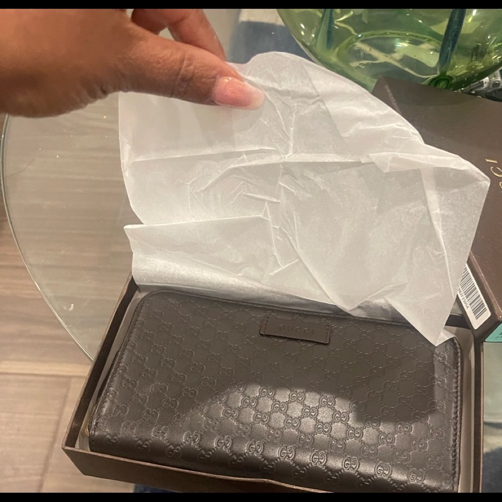 Dark Brown Italian Leather Micro GG Guccissima zip around wallet